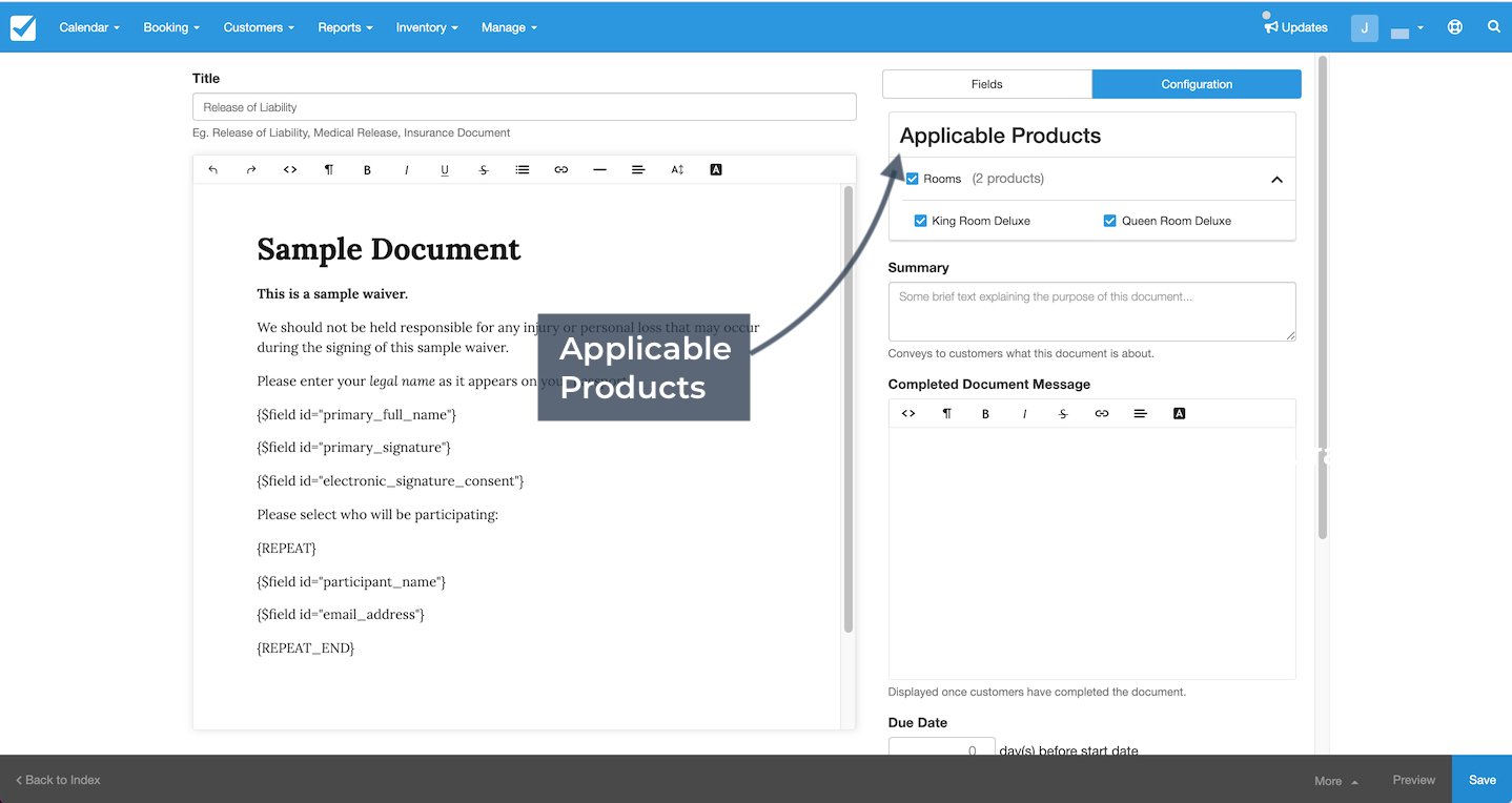 The document editor with the Applicable Products section highlighted showing product options linked to the waiver.