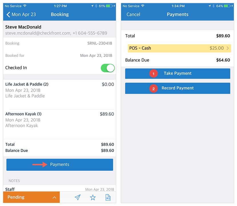 Booking detail screen on the left showing Steve MacDonald’s reservation with Payments button highlighted, and on the right Payments screen displaying partial cash payment with remaining balance due.
