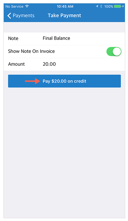 Take Payment screen showing final balance payment note with option to pay $20 on credit highlighted.