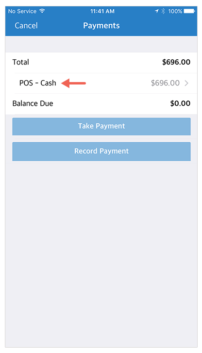 Payments screen showing full $696 payment recorded as POS Cash with balance due cleared.