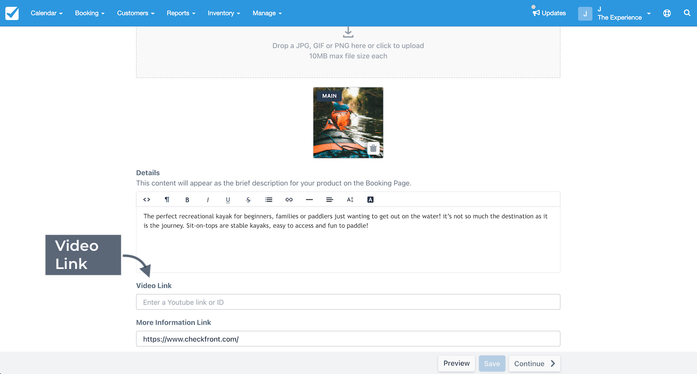 Product details page with the Video Link section highlighted showing a field to enter a YouTube link or ID for the booking page.