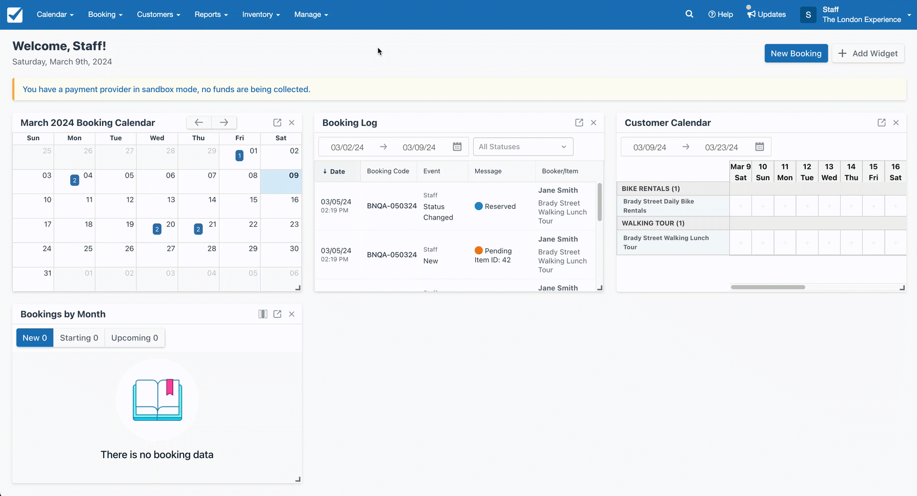 Dashboard view showing booking calendar, booking log, customer calendar, and bookings by month widgets with example entries.