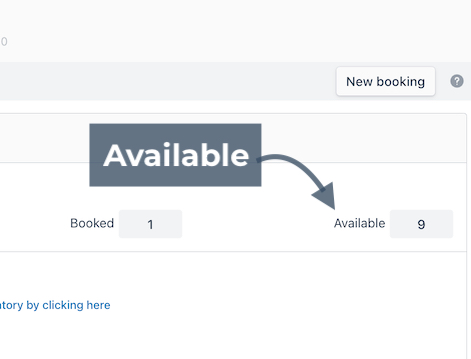 Inventory view highlighting the available field showing 9 remaining items after one booking.