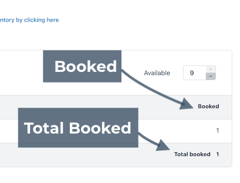 Inventory section showing booked count of 1 and total booked summary highlighted.
