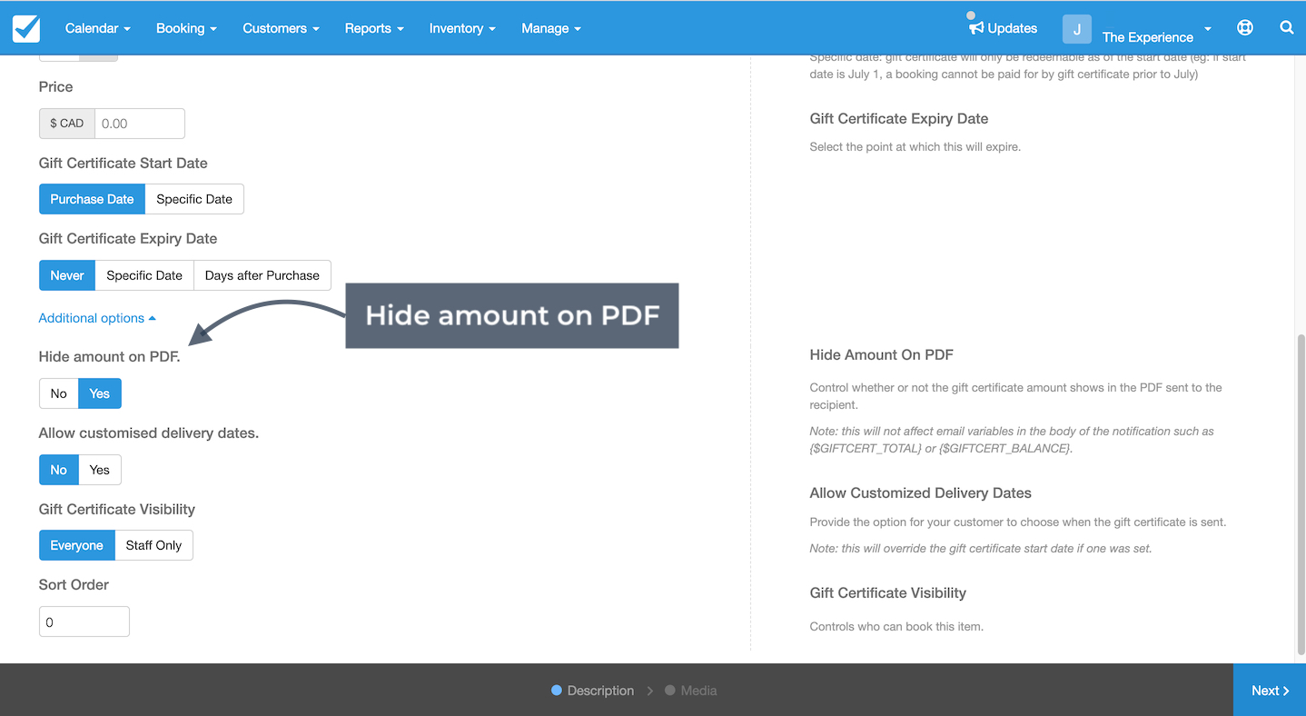 Gift certificate template builder page showing options to hide the amount on PDF, allow customized delivery dates, and adjust visibility.