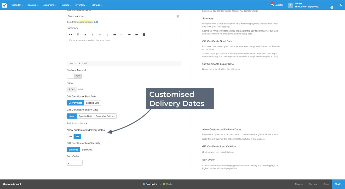 Gift certificate setup screen with customized delivery dates enabled and item SKU highlighted.