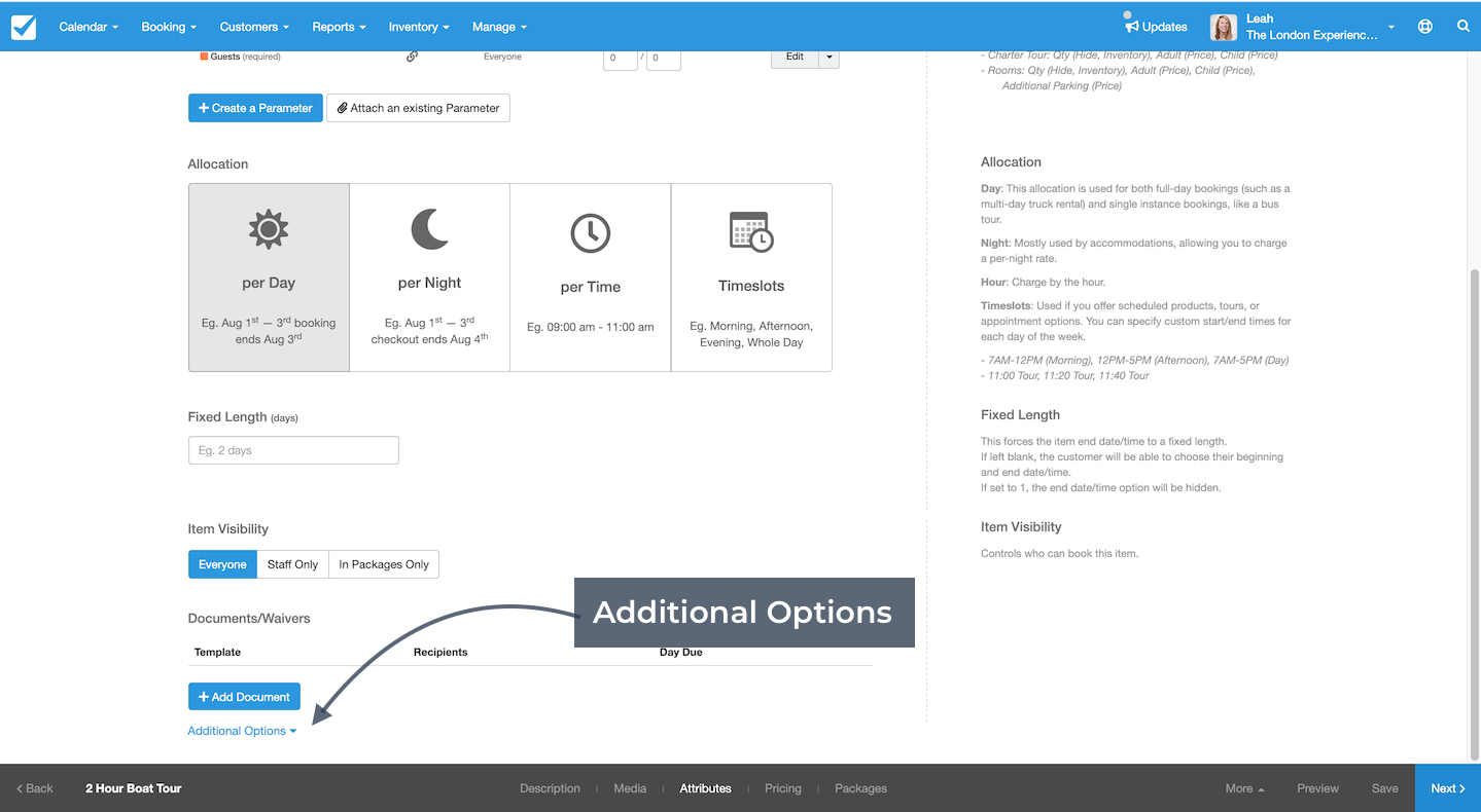 Attributes page with arrow pointing to additional options link under documents and waivers section.
