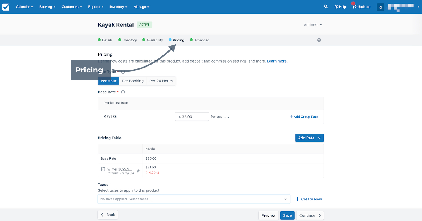 Kayak rental pricing tab showing base hourly rate set at 35 dollars with a seasonal discount applied in the pricing table.