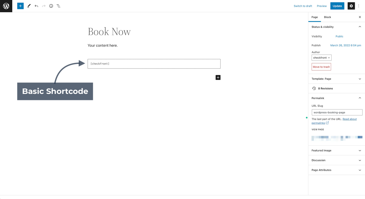 WordPress editor page showing a basic shortcode [checkfront] inserted into a Book Now page.