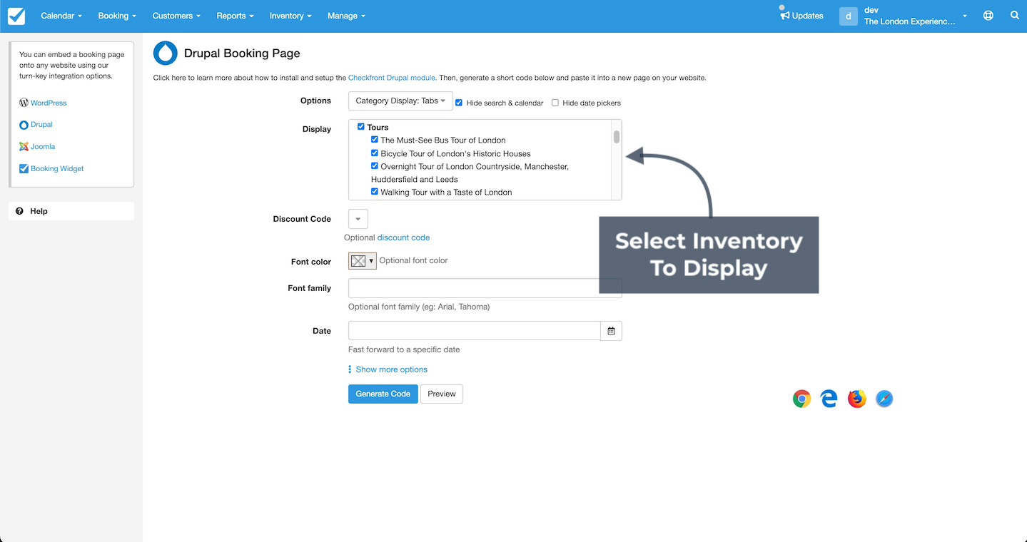 Drupal booking page settings showing inventory selection with all tours checked for display.