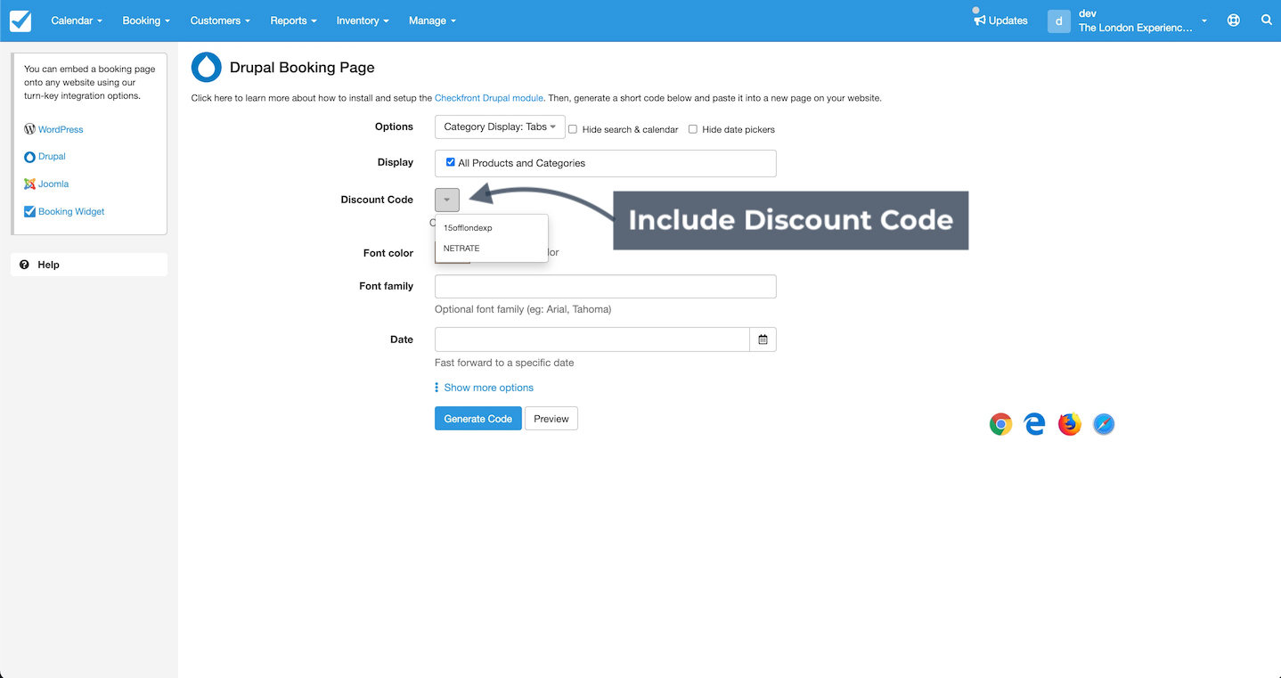 Drupal booking page settings with a dropdown menu to include a discount code.