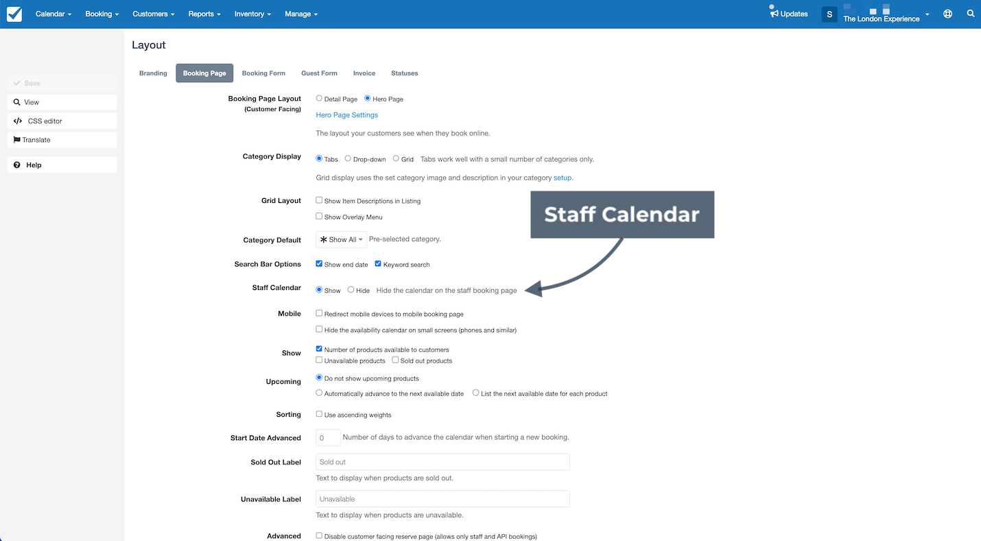 Layout settings screen highlighting staff calendar option with an arrow pointing to the toggle for showing or hiding the calendar on the staff booking page.