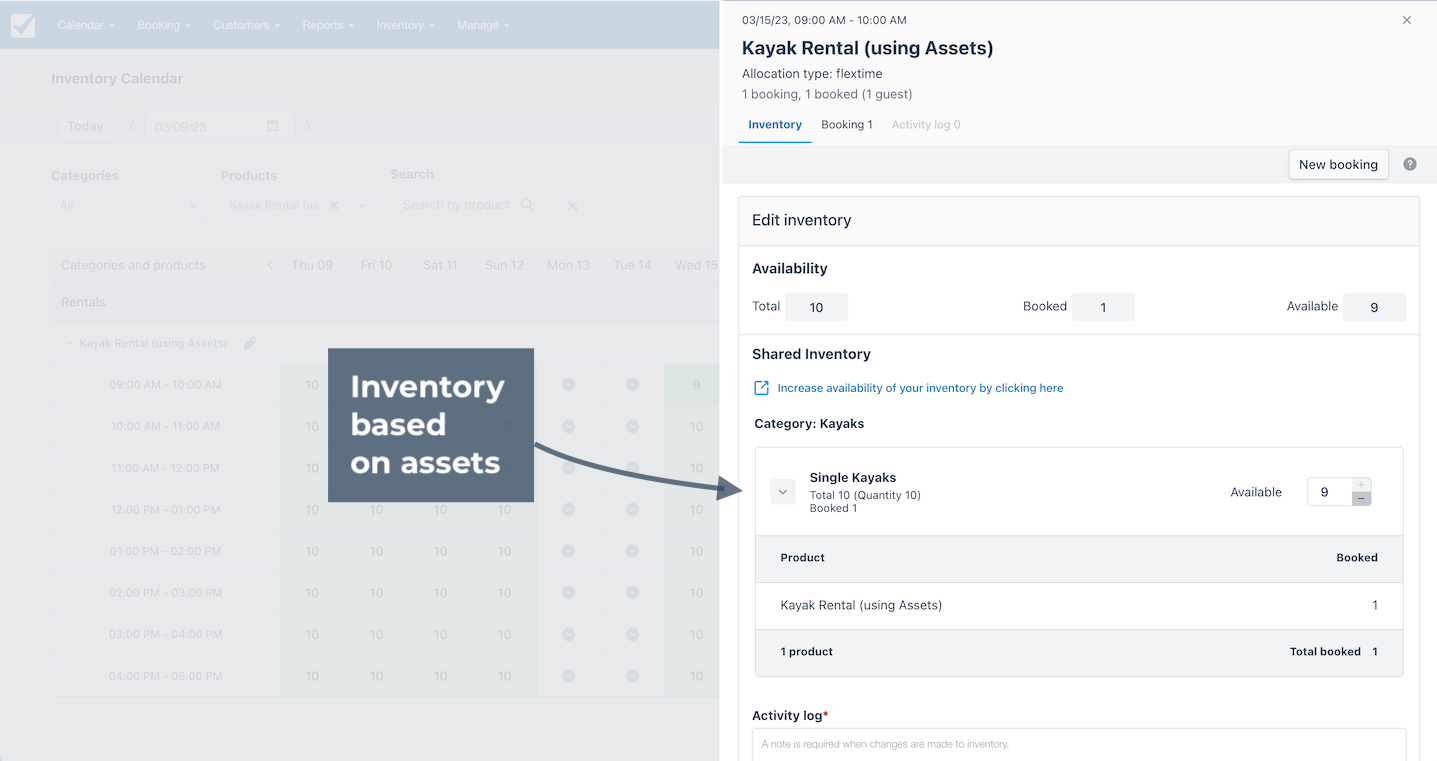 Expanded inventory detail showing inventory based on assets with Single Kayaks listed.