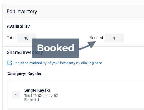 Edit inventory screen showing booked field with the number 1 highlighted under Availability.