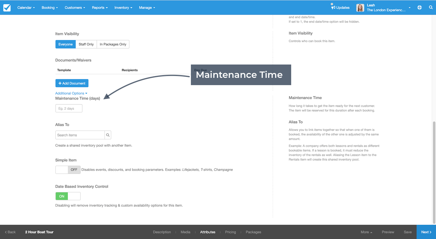Attributes page with arrow pointing to maintenance time field for setting item preparation duration.