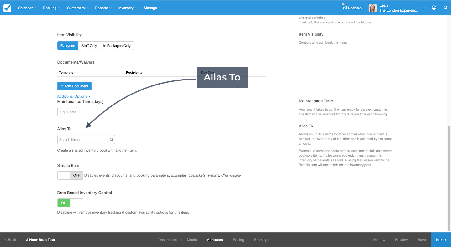 Attributes page with arrow pointing to alias to field for linking inventory with another item.