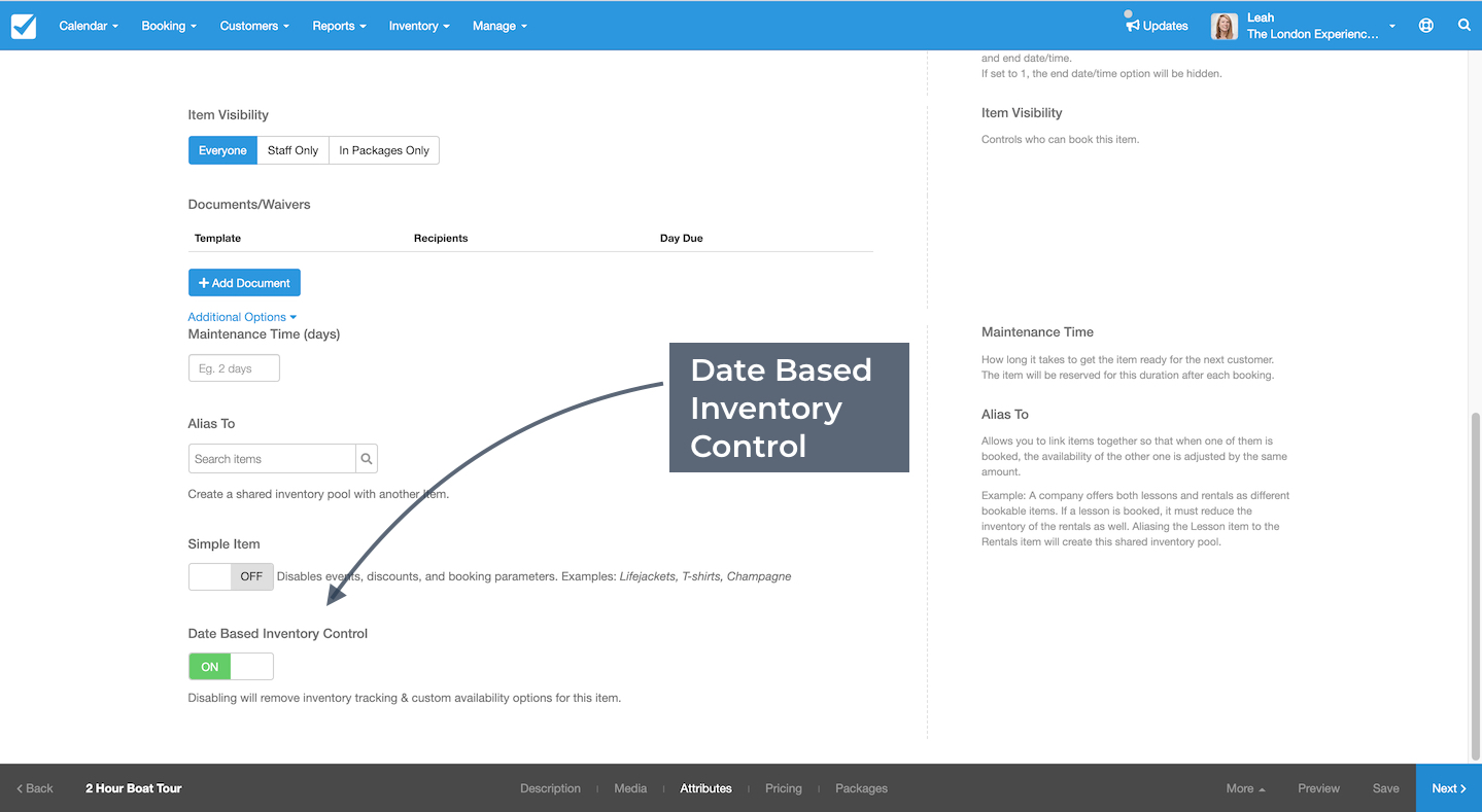 Attributes page with arrow pointing to date based inventory control toggle switch.