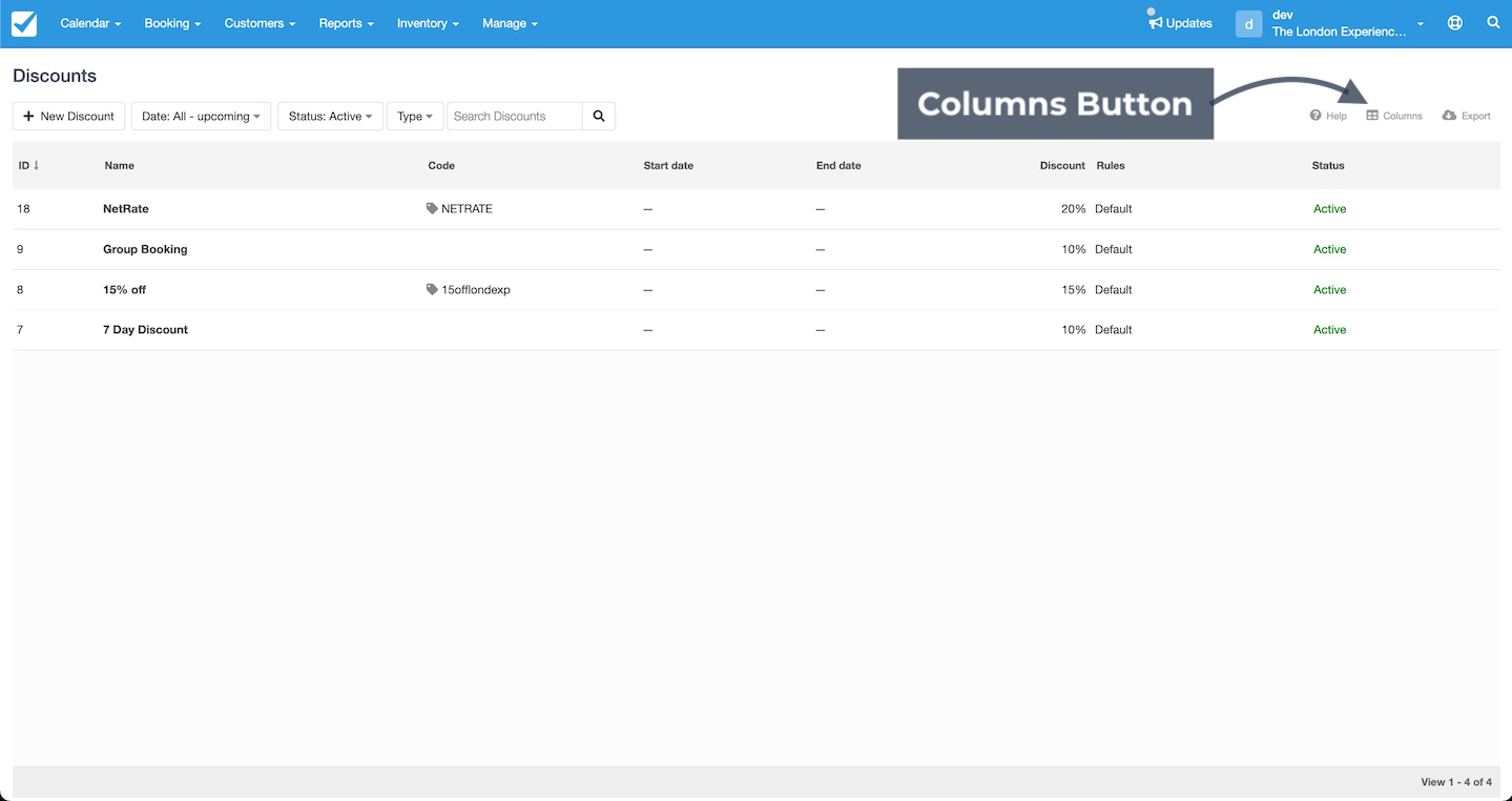 Discounts page with the columns button highlighted for customizing which fields are shown.