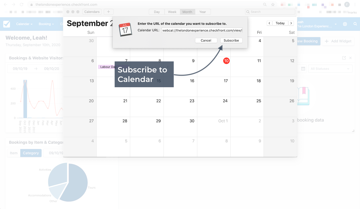 Subscription dialog in Apple Calendar showing calendar URL entry.