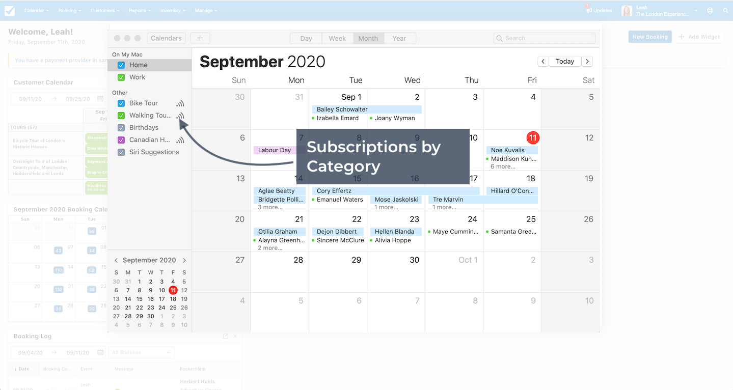 Apple Calendar view showing subscriptions by category from Checkfront.