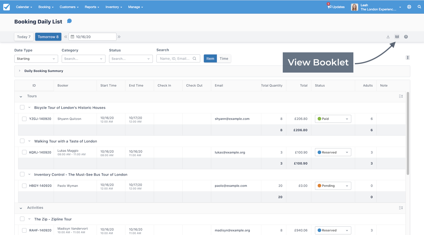 Booking Daily List screen with an arrow pointing to the booklet icon, highlighting the View Booklet option.