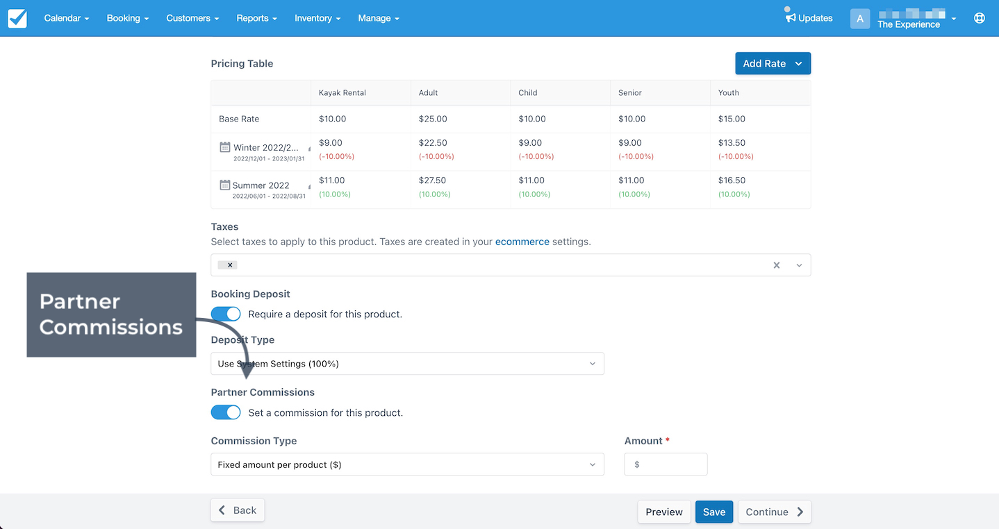 Booking settings screen showing partner commissions enabled with commission type set to fixed amount per product and an empty field for amount entry.