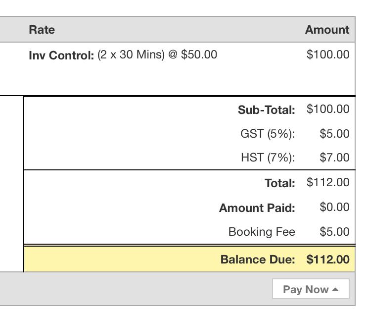 Invoice summary including booking fee in the subtotal section with highlighted balance due amount.