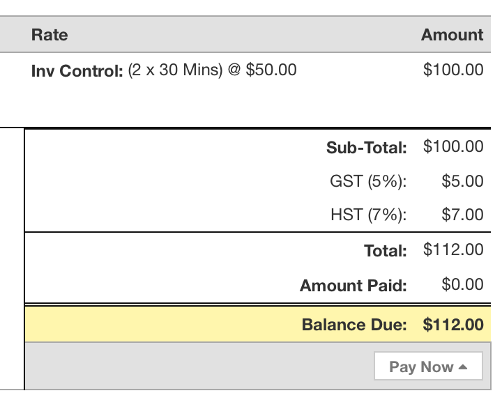 Invoice summary showing balance due with subtotal, taxes, total, amount paid, and highlighted balance due section.