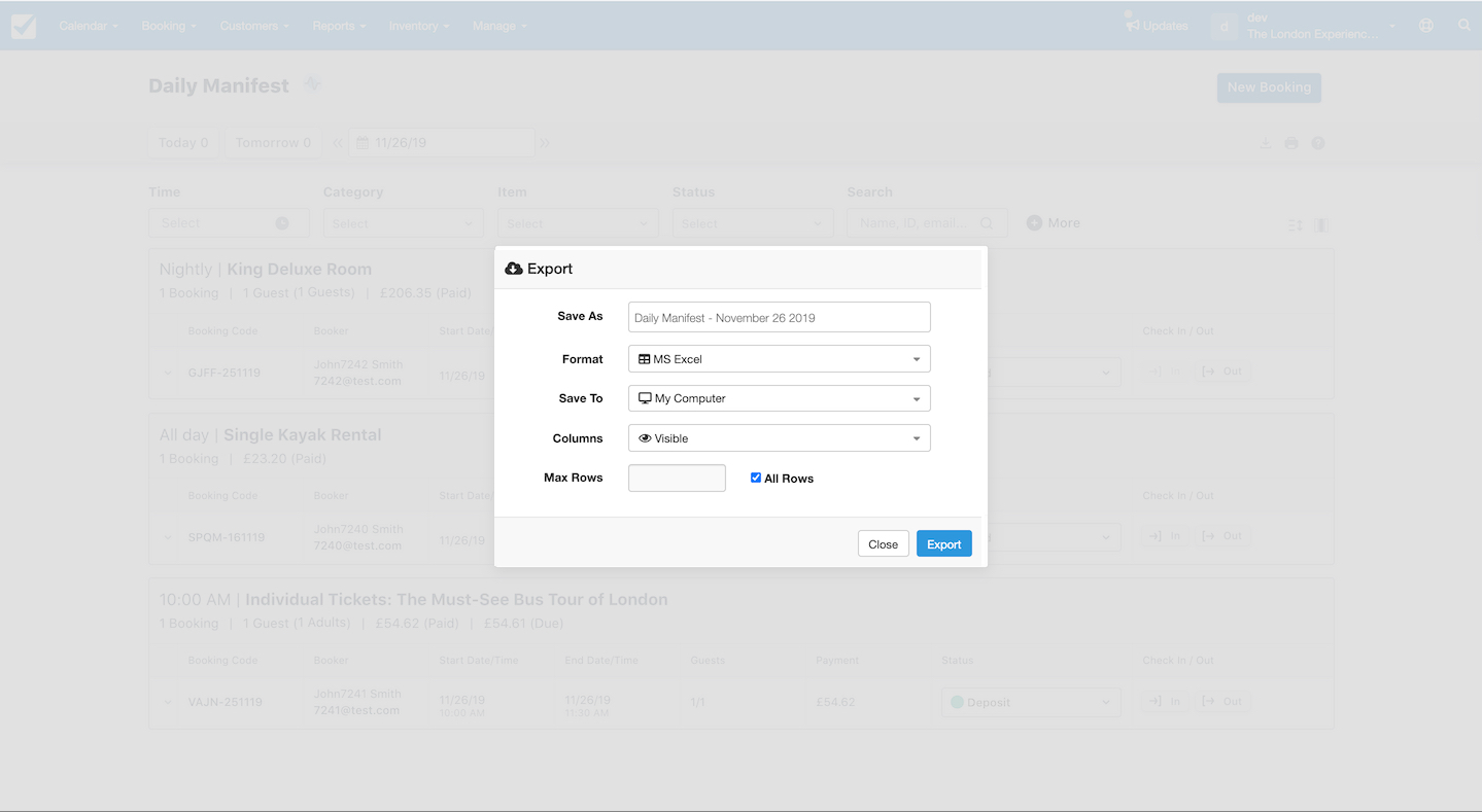 Daily Manifest Export Modal