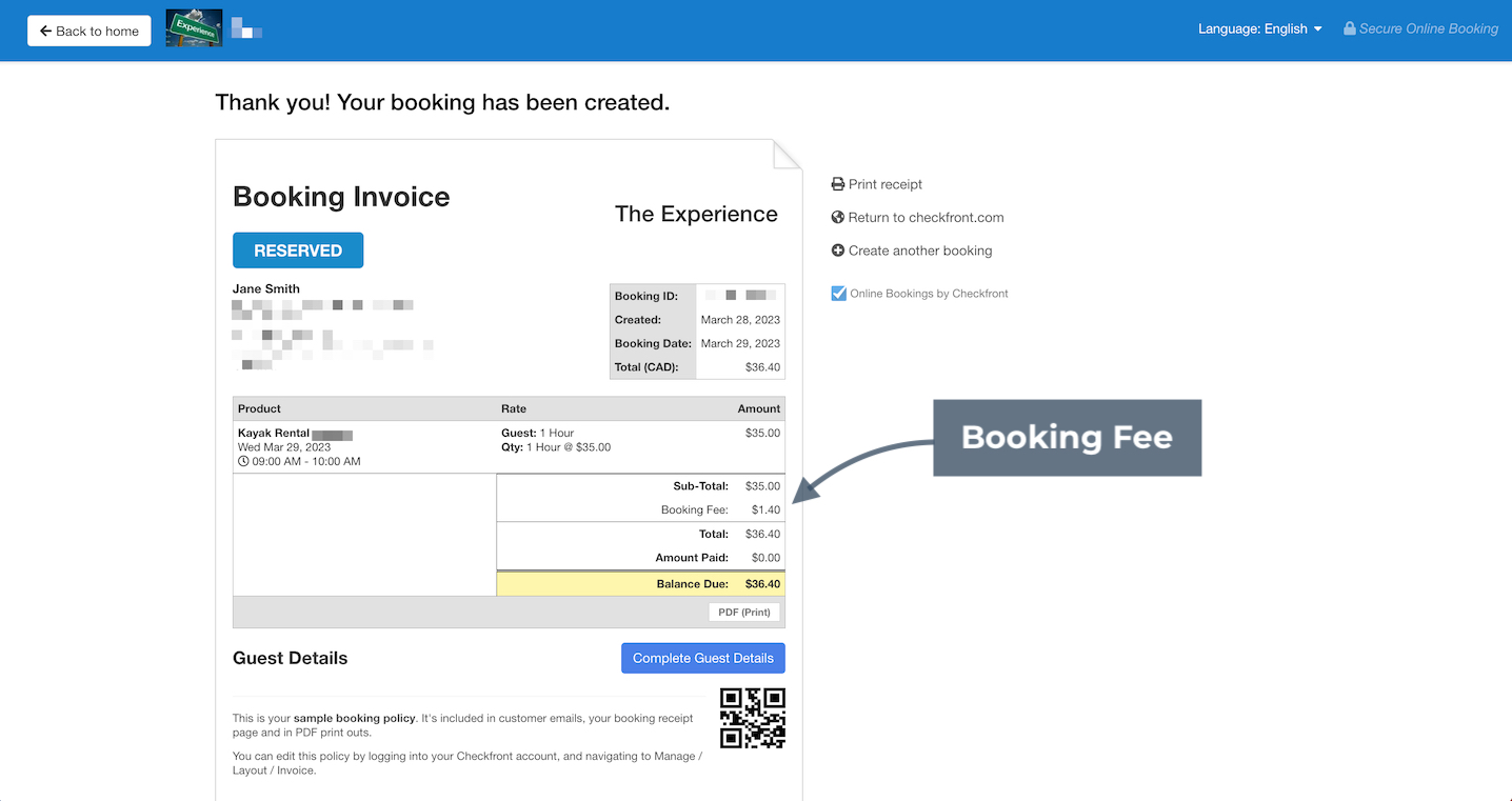 Booking invoice confirmation page showing booking details, subtotal, booking fee, balance due, and guest details.
