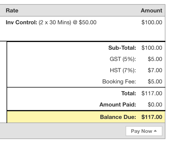 Invoice summary displaying subtotal, taxes, and booking fee with final total and highlighted balance due section.
