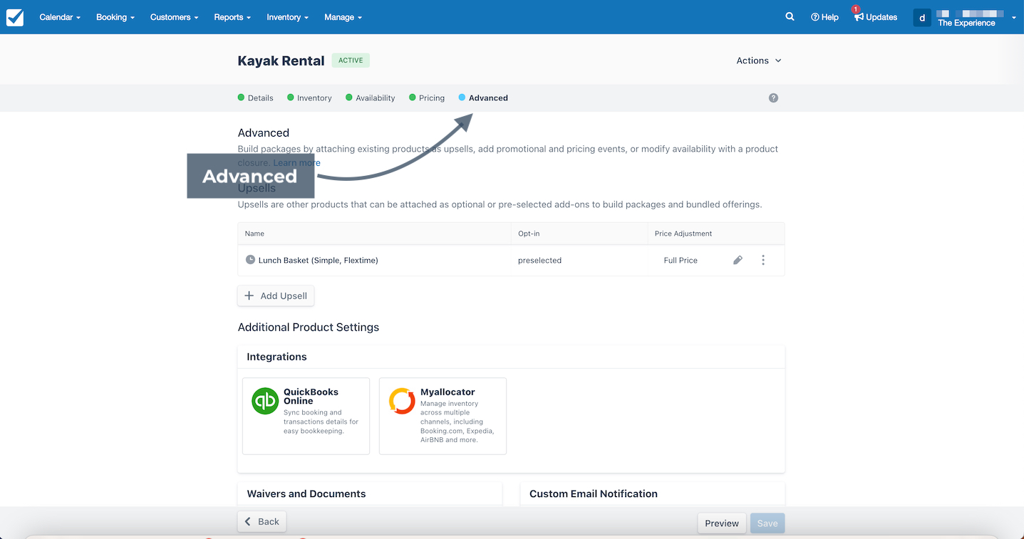 Kayak rental advanced tab showing upsell option for a lunch basket and integration settings with QuickBooks Online and Myallocator.