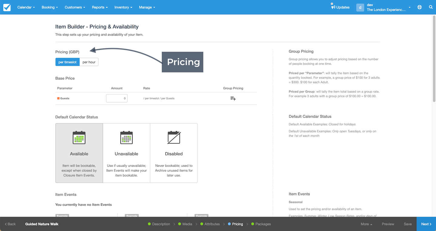 Pricing and availability page with arrow pointing to pricing section showing per timeslot or per hour options.