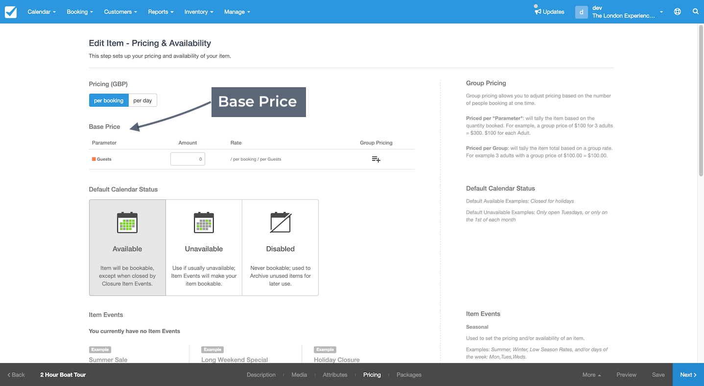 Pricing and availability page with arrow pointing to base price label above the pricing table.