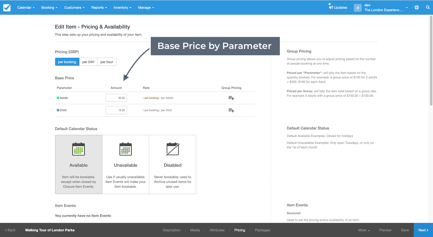 Pricing and availability page with arrow pointing to base price entries showing adult and child amounts.