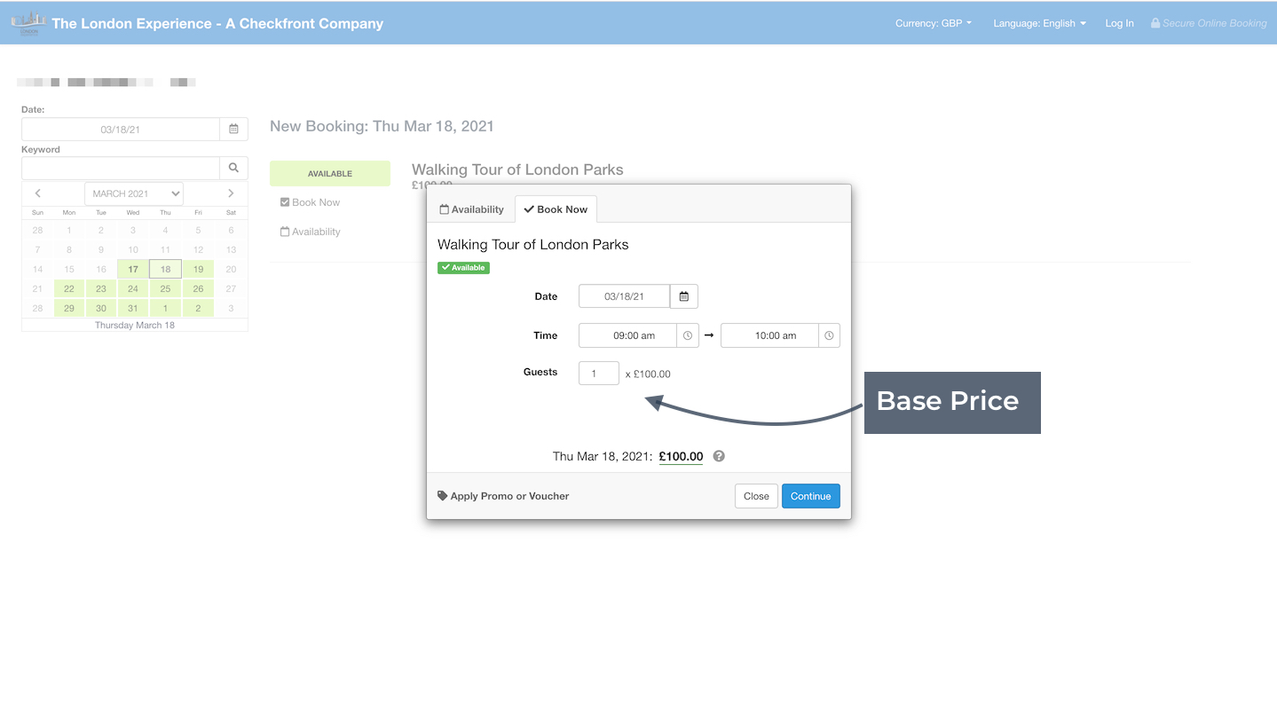Booking form view showing base price per guest with total cost calculation.
