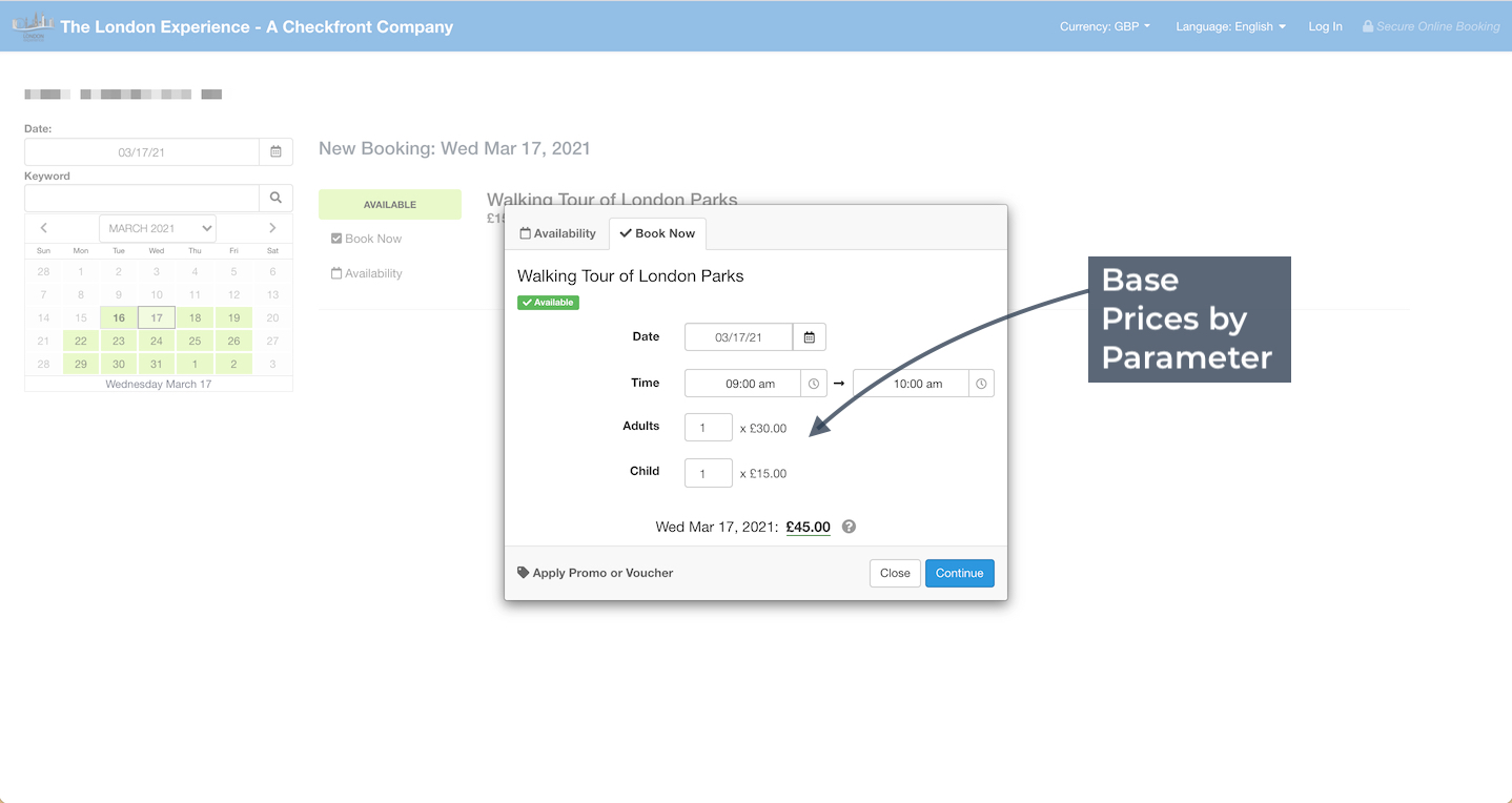 Booking form view showing base prices by parameter with adult and child rates displayed.