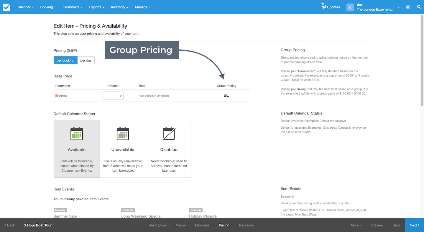 Pricing and availability page with arrow pointing to group pricing column in the base price table.