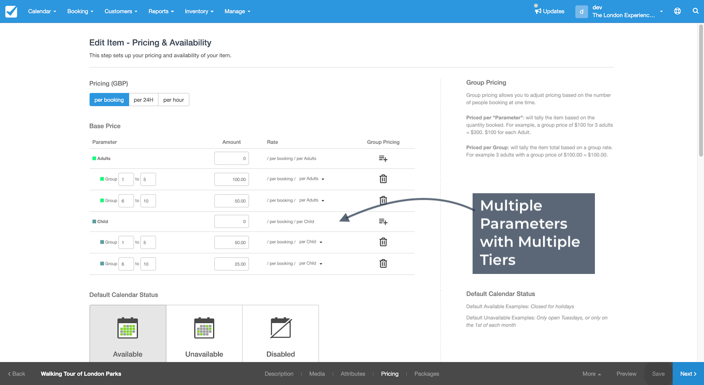 Pricing and availability page with arrow pointing to multiple parameters with multiple tiers for adults and children.