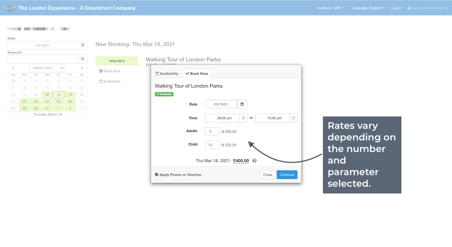 Booking form view showing rates that vary depending on the number of adults and children selected.