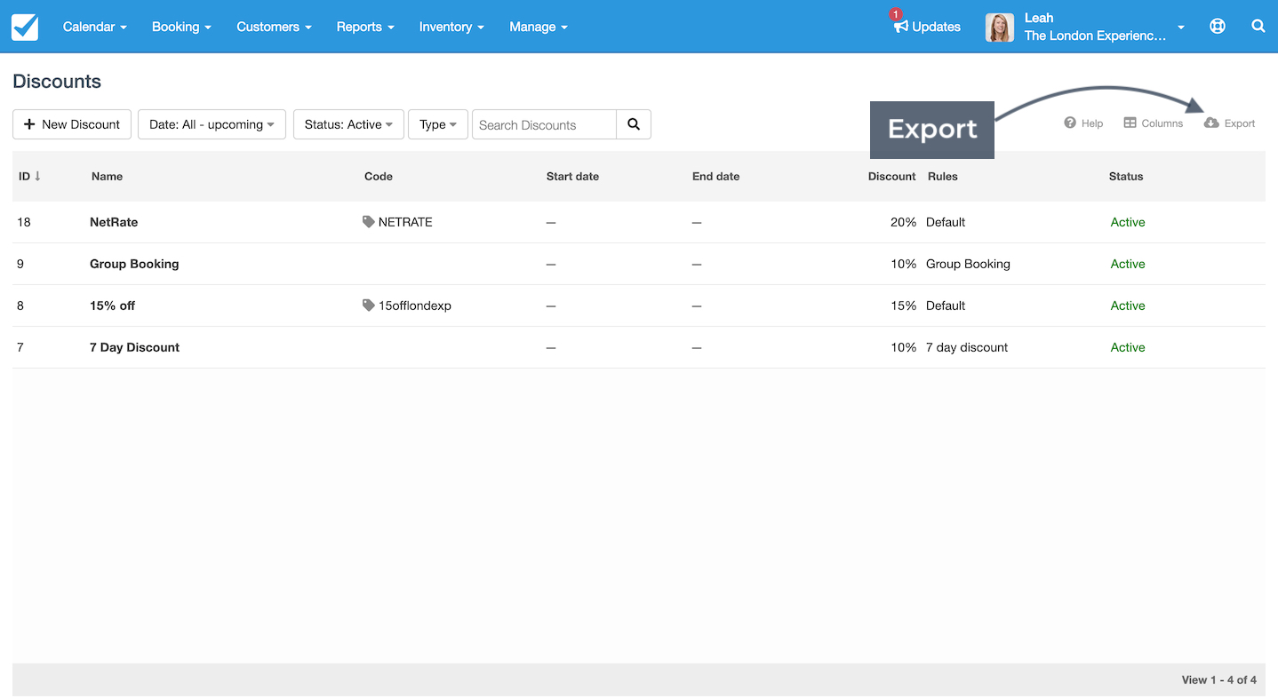 Discounts page with the export button highlighted for downloading discount data.