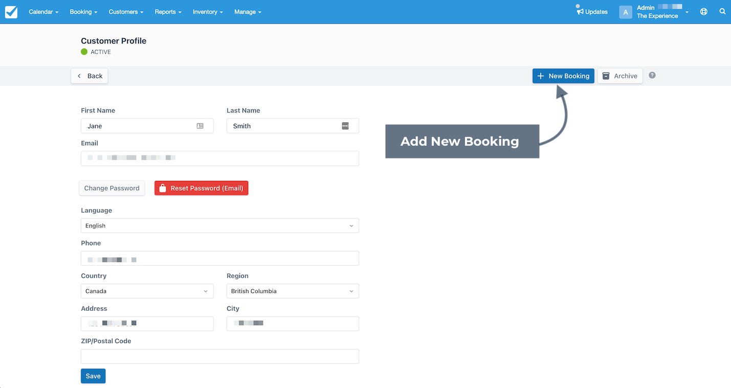 Customer profile page in Checkfront with an arrow highlighting the New Booking button to create a booking for the selected customer.