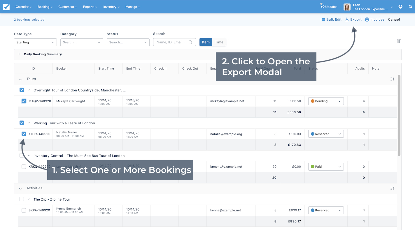 Booking Daily List page showing how to select one or more bookings and click export to open the export modal.