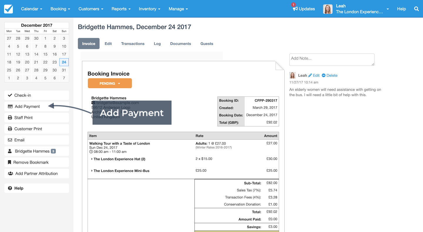 Booking invoice screen with an arrow pointing to the add payment option in the left menu.