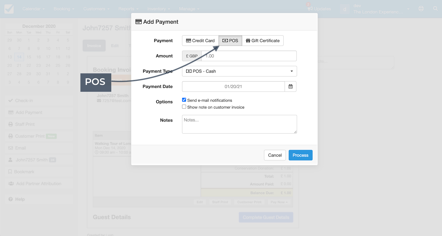 Add payment window with POS selected showing fields for amount, payment type, and payment date.