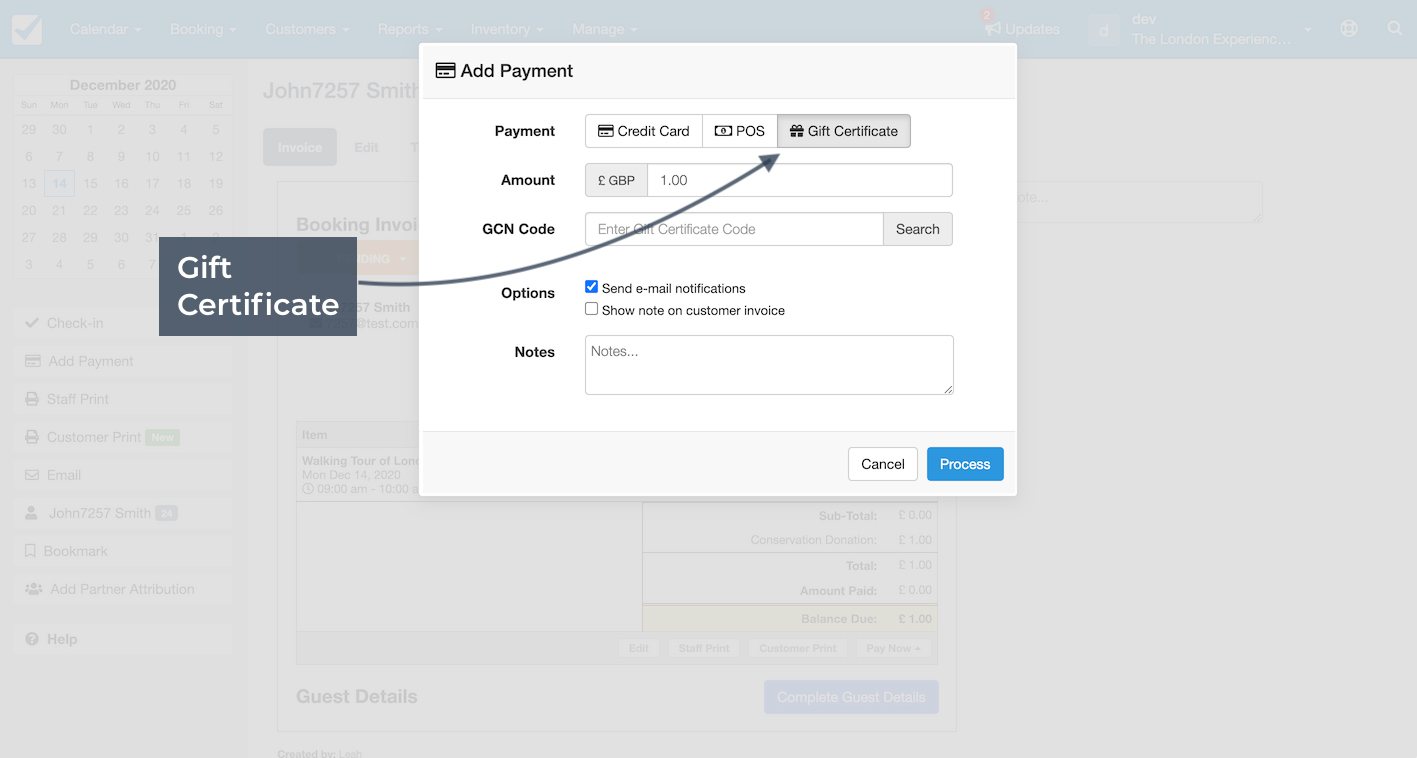 Add payment window with gift certificate selected showing fields for amount and certificate code.