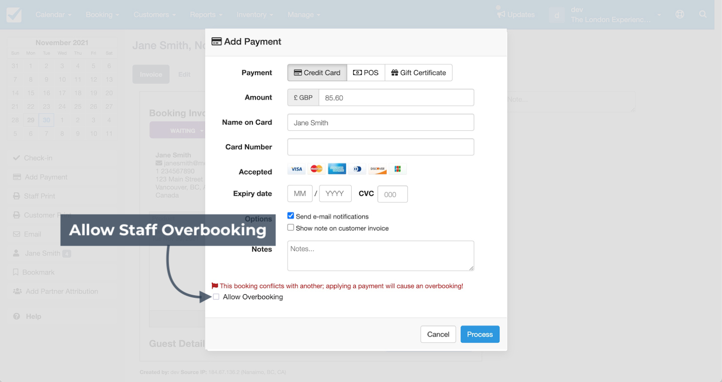Add payment window with a warning for overbooking and an option to allow staff overbooking.