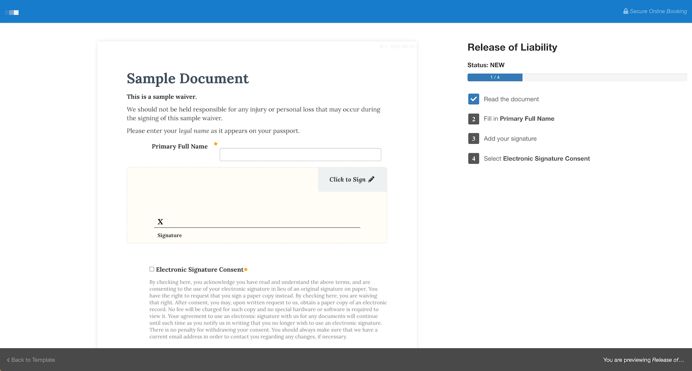 Digital waiver form editor with progress steps showing fields for primary full name, signature, and electronic signature consent.