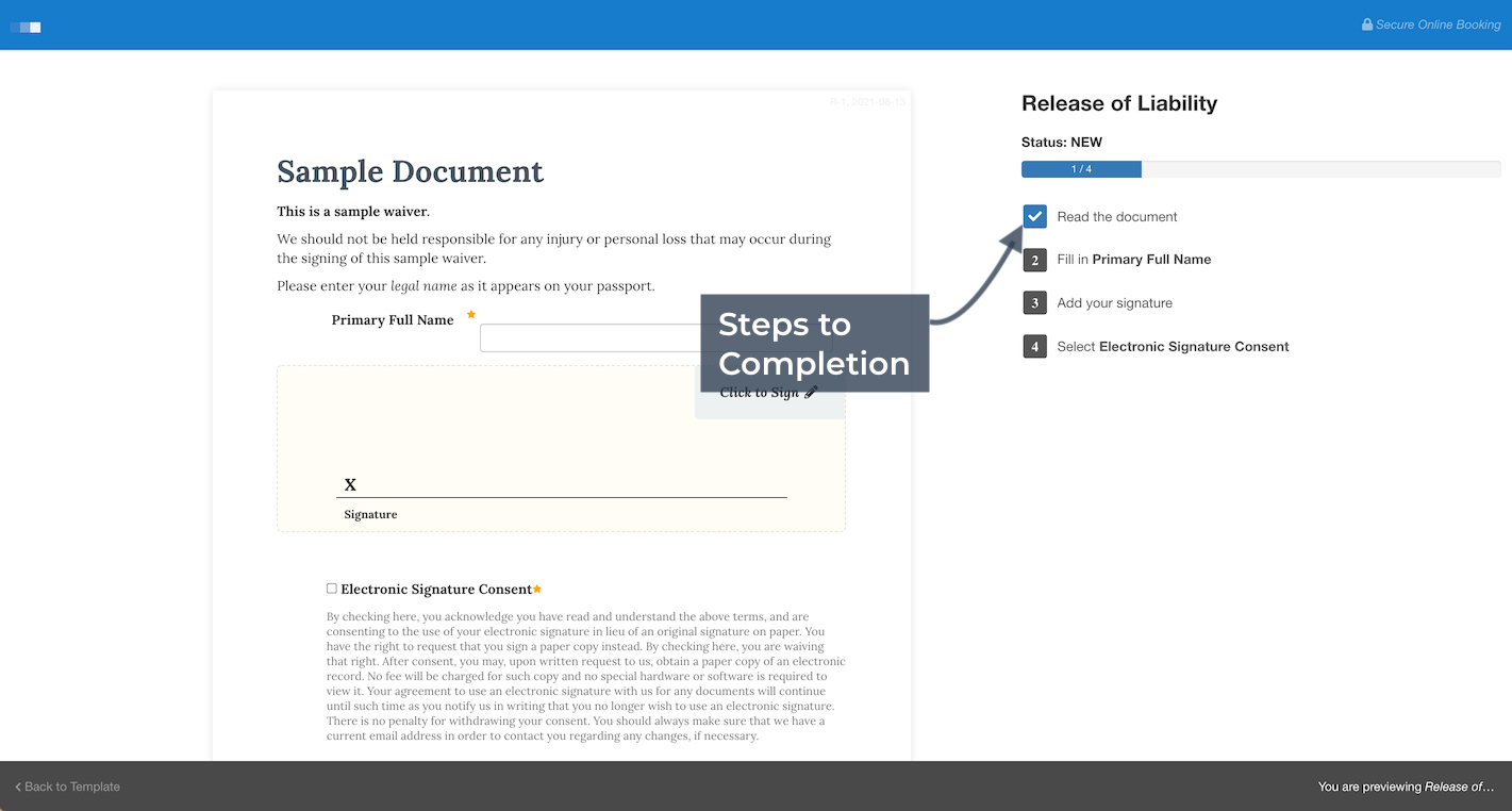 Waiver form preview with an arrow pointing to the steps-to-completion progress bar in the Release of Liability sidebar.