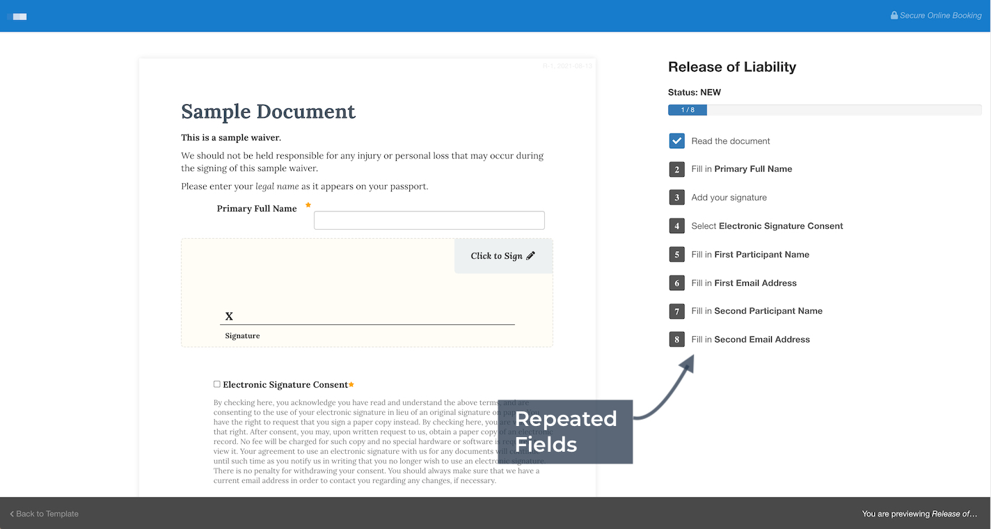 Waiver form preview highlighting repeated participant fields with progress steps listed in the Release of Liability sidebar.